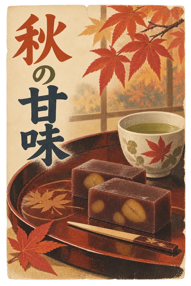 栗ようかんとお茶、紅葉を描いた、秋の和菓子広告。