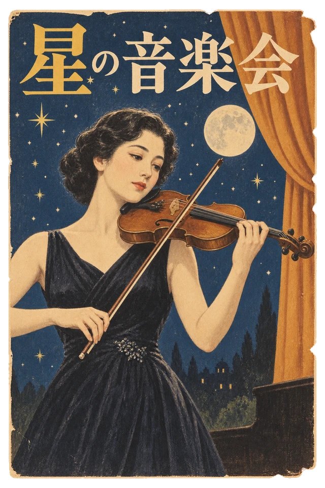 星と月を背景に、ヴァイオリンを奏でる女性を描いた演奏会案内。