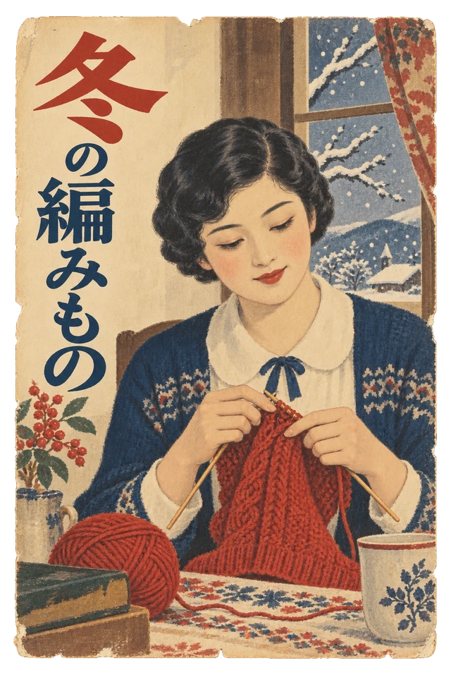 雪の窓辺で赤い毛糸を編む女性を描いた、冬の手芸広告。