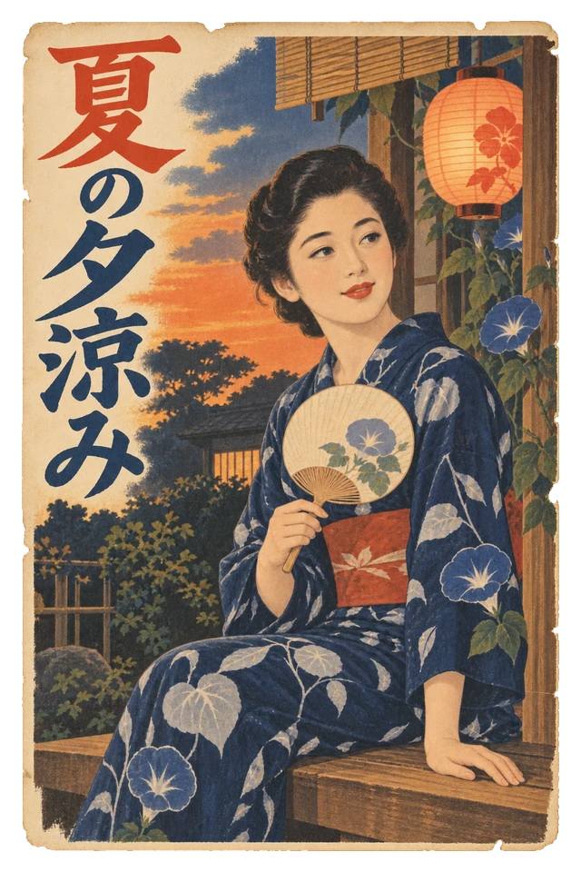 うちわを持って縁側に座る浴衣姿の女性を描いた、夏の夕涼み案内。