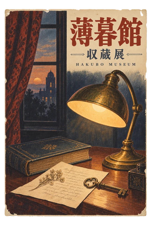 古い卓上灯、本、手紙、鍵を描いた、薄暮館の架空の収蔵展ポスター。