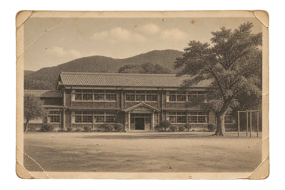 木造の校舎と広い校庭を写した、架空の学校の古写真。