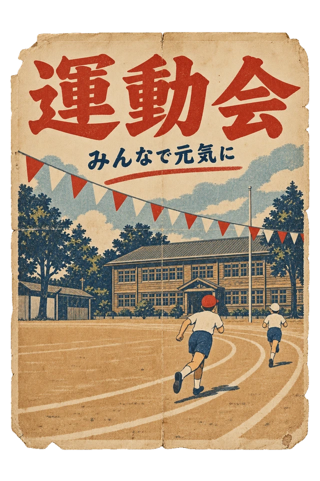 校庭と紅白の旗を描いた、薄暮学校の運動会のお知らせ。
