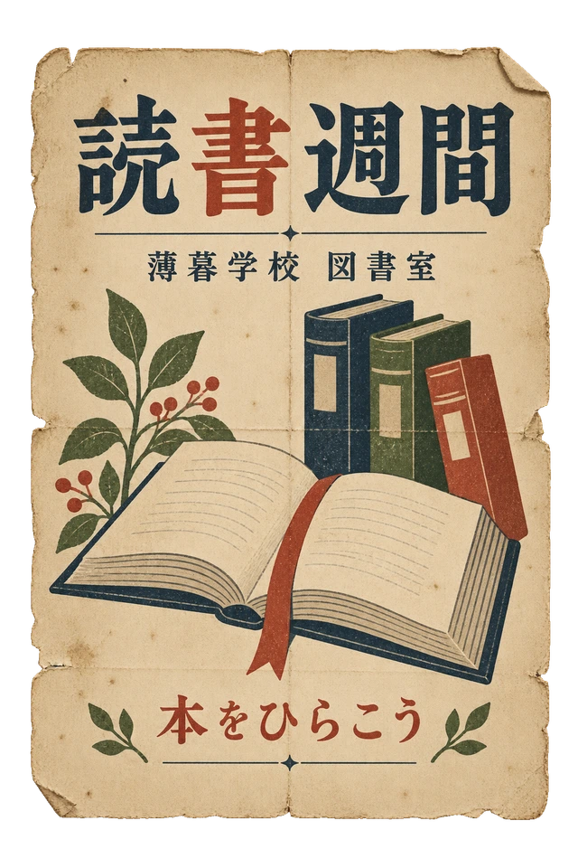開いた本と栞を描いた、学校図書室の読書週間の広告。