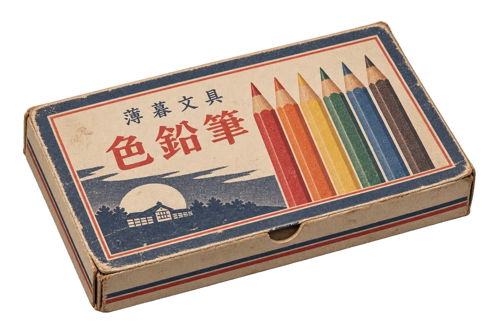 色鉛筆の図案を刷った、薄暮文具の細長い紙箱。
