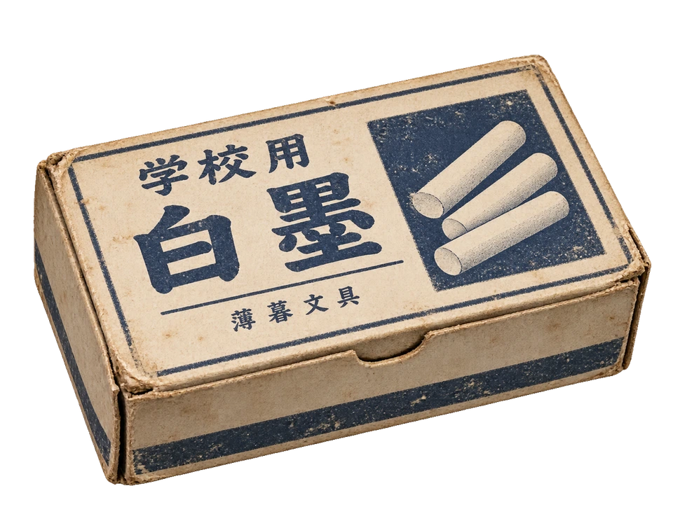 「学校用 白墨」と刷った、素朴な青い紙箱。