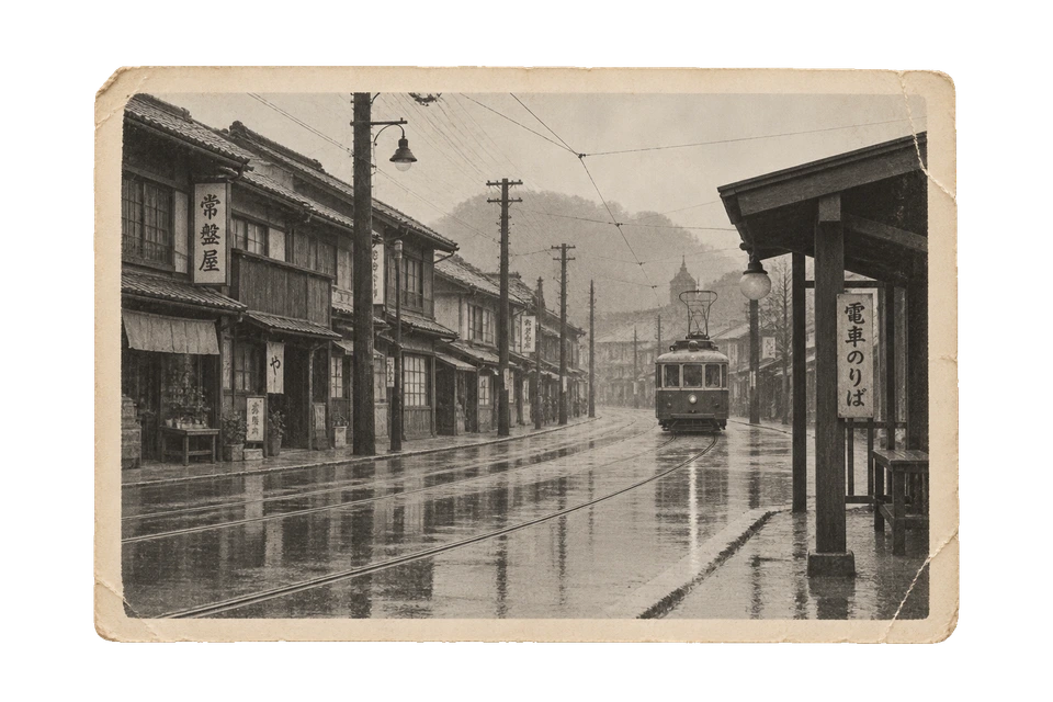 雨上がりの路面と店先を写した、架空の電停の古写真。