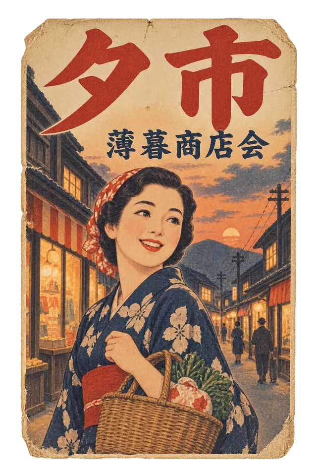 買物かごを持つ女性と夕方の商店街を描いた、薄暮商店会の夕市広告。