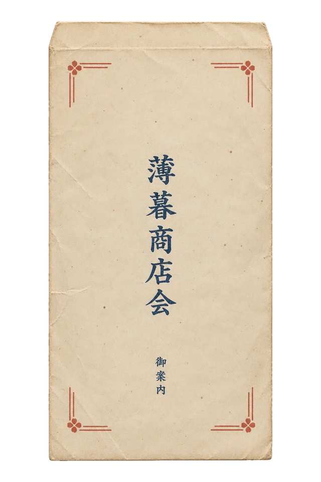 御案内の文字を添えた、薄暮商店会の素朴な角封筒。