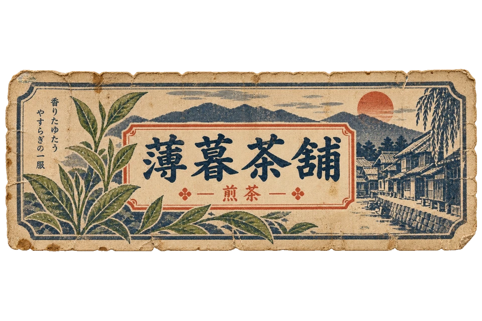 茶葉の枝を添えた、薄暮茶舗の横長ラベル。