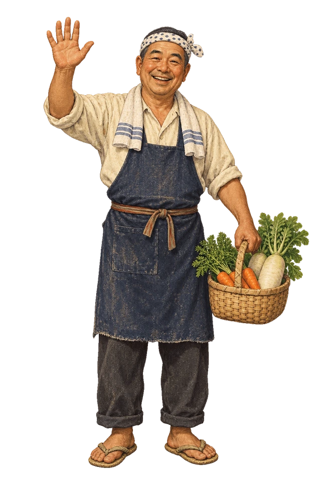 野菜のかごを持ち、片手を上げて声をかける青果店主。