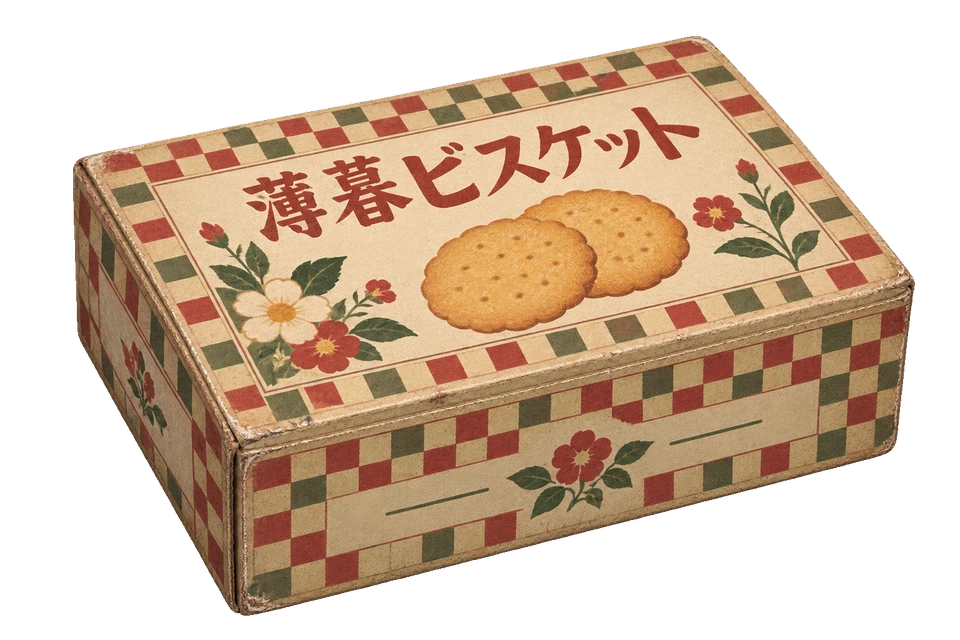 赤と緑の縁取りを施した、架空の薄暮ビスケットの紙箱。