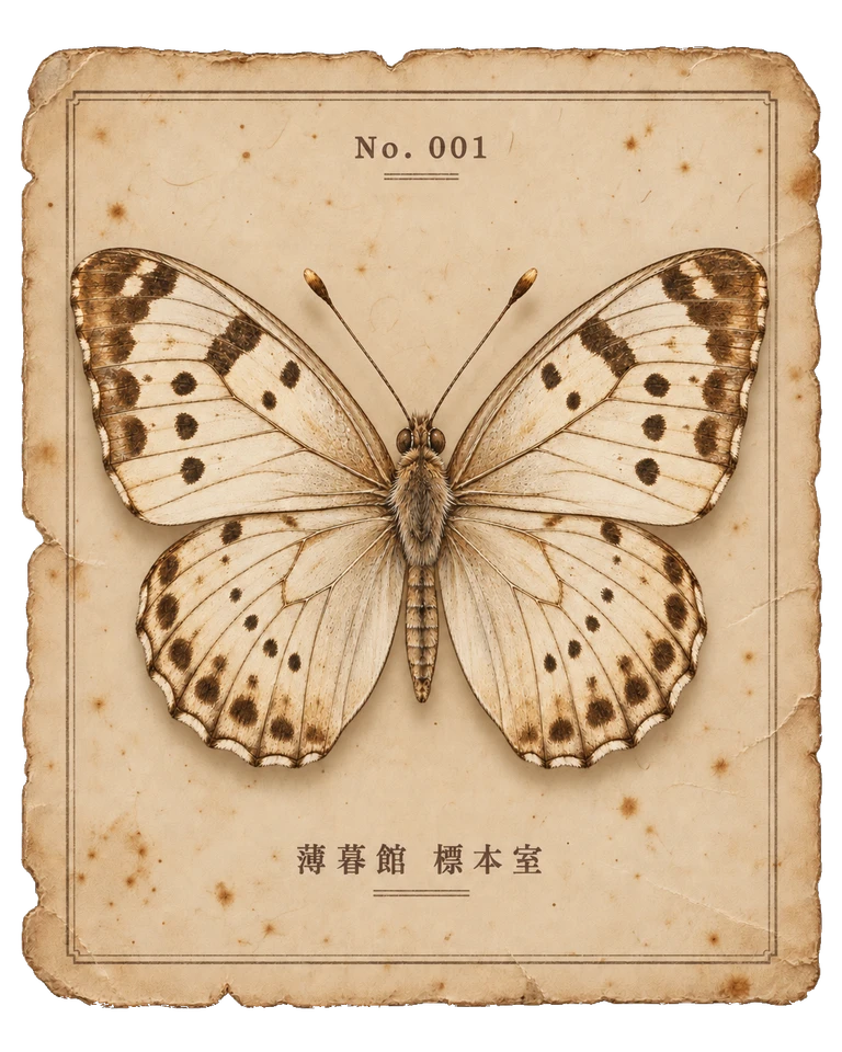薄黄と焦茶の翅を広げた蝶を、細い罫線のある古紙に添えた標本カード。