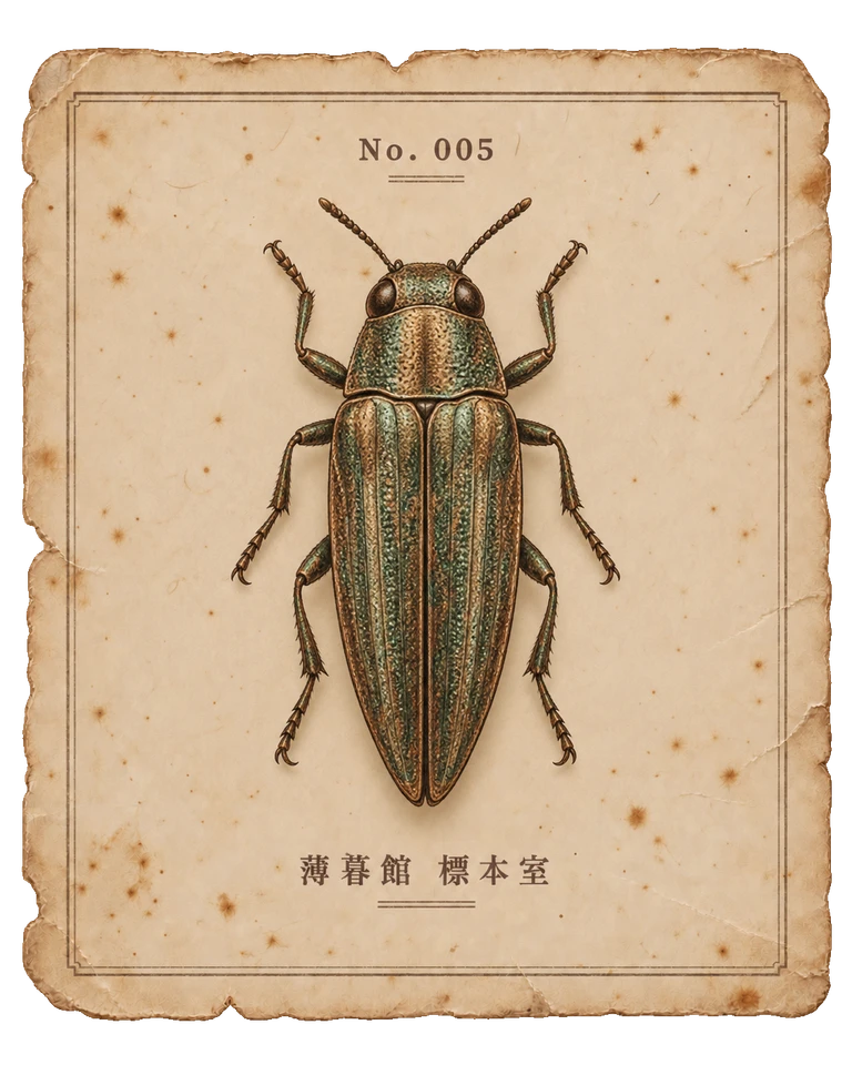 銅色とくすんだ緑の細長い甲虫を、古紙に添えた標本カード。