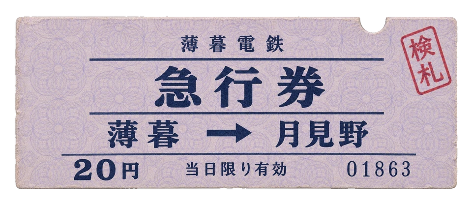 薄い藤色の地紋と濃紺の大きな文字を組み合わせた、急行列車の切符。