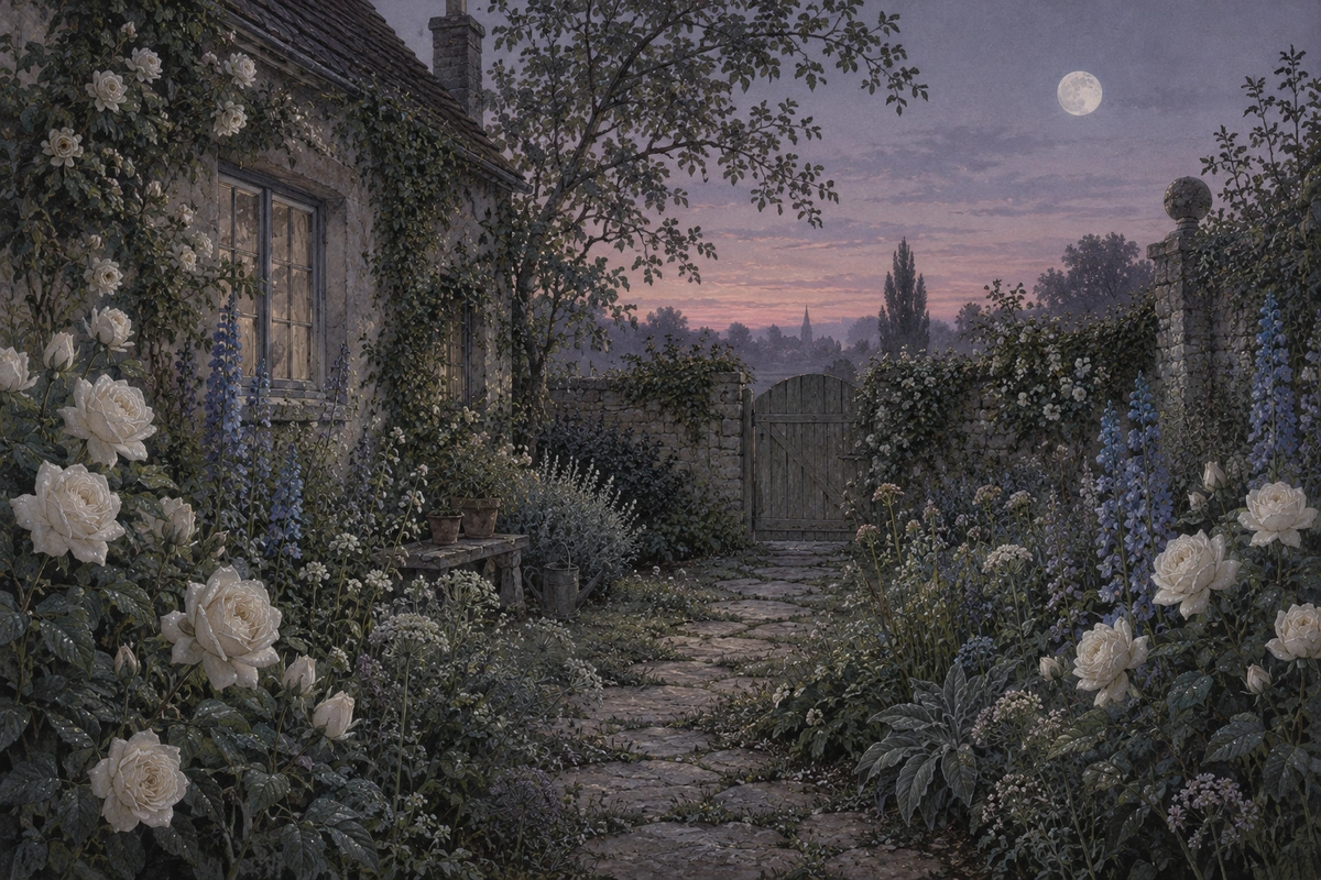 夜明け前の花の庭