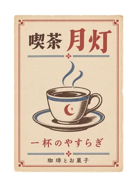 珈琲カップと湯気を刷った、喫茶月灯の小さな店頭広告。
