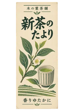 茶葉と湯呑みを配した、木の葉茶舗の新茶を知らせる広告。