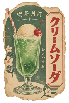 淡い緑のクリームソーダを描いた、喫茶 月灯の広告。