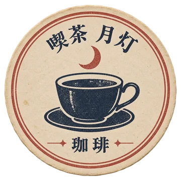 月と珈琲カップを刷った、喫茶 月灯の丸い紙コースター。