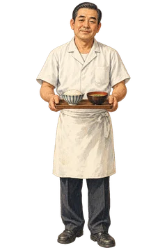 ご飯と汁物の盆を差し出す、白い前掛け姿の食堂店主。