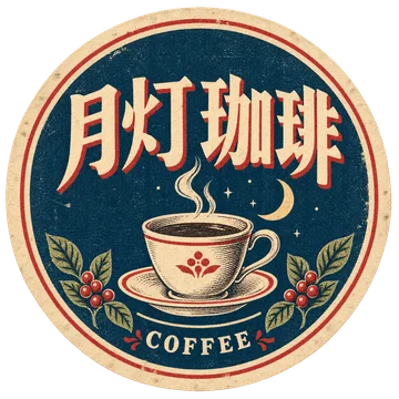 珈琲カップと小さな三日月を刷った、丸い月灯珈琲のラベル。