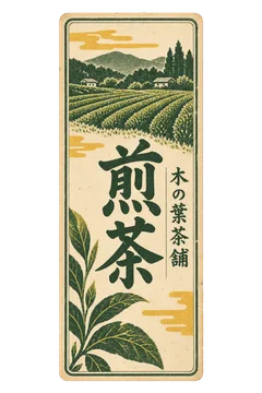 茶葉の枝と山の図案を組み合わせた、縦長の煎茶ラベル。