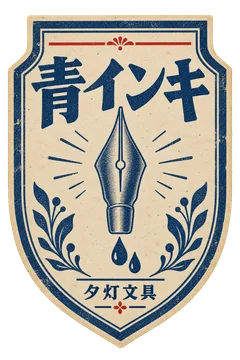 つけペンのペン先を描いた、藍色と生成りの青インキラベル。