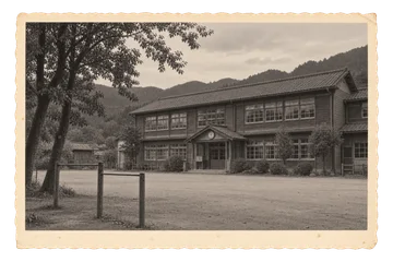 時計のある木造校舎と、放課後の静かな土の校庭を写した古写真風素材。