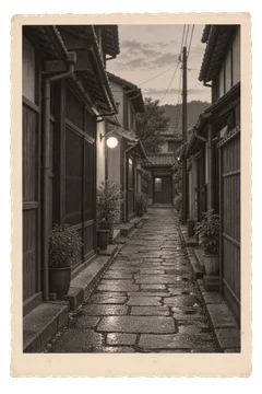 雨に濡れた石畳と小さな灯りが続く、誰もいない町の路地。