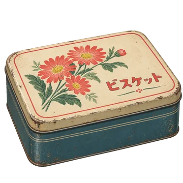くすんだ青い側面と、赤い花を刷った生成りの蓋を持つビスケット缶。背景透過の単体素材。