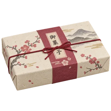 山と梅の包装紙に臙脂の帯を合わせ、赤い紐で結んだ旅館の菓子折り。背景透過の単体素材。