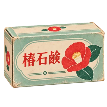 淡い緑と生成りの紙に、赤い椿の花を刷った石鹸箱。背景透過の単体素材。