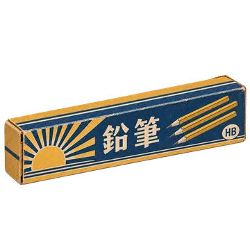 紺と黄土色の配色に鉛筆の絵とHBの文字を添えた、細長い文具箱。背景透過の単体素材。