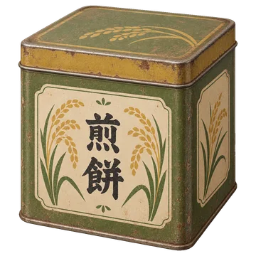 くすんだ緑と黄土色の角缶に、稲穂の図案と煎餅の文字を添えた箱型の缶。背景透過の単体素材。