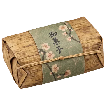 竹皮の繊維と折り返しを残し、梅の帯紙と細い紐を添えた菓子包み。背景透過の単体素材。