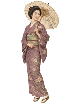 淡い着物で日傘を差す婦人。背景透過の人物イラスト。