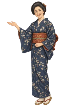 片手を差し出して館内を案内する、着物姿の女将。背景透過の人物イラスト。