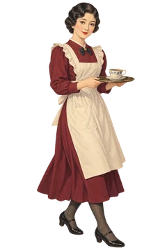 珈琲の載ったトレイを両手で運ぶ、エプロン姿の女給。背景透過の人物イラスト。