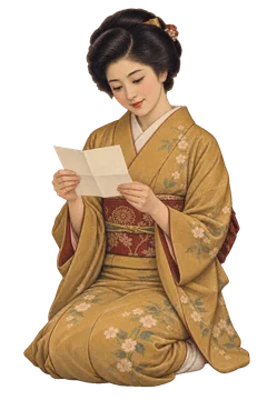 正座して手紙を読む、落ち着いた着物姿の女性。背景透過の人物イラスト。