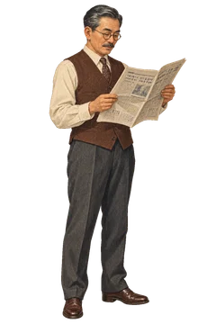 眼鏡を掛け、立ったまま新聞を読むベスト姿の紳士。背景透過の人物イラスト。