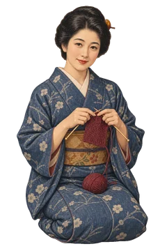 膝元の毛糸で編みものをする、正座姿の女性。背景透過の人物イラスト。