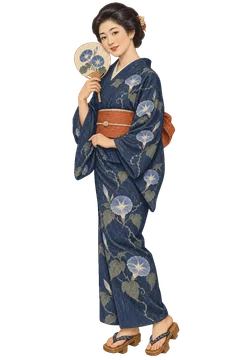 朝顔柄の浴衣を着て、うちわで涼む女性。背景透過の人物イラスト。