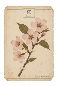 桜の押し花標本。古紙の台紙に、色の残った植物を紙帯で留めた押し花標本風の素材。ピンなし。