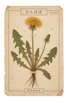 たんぽぽの押し花標本。古紙の台紙に、色の残った植物を紙帯で留めた押し花標本風の素材。ピンなし。