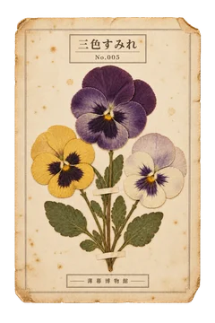 三色菫の押し花標本。古紙の台紙に、色の残った植物を紙帯で留めた押し花標本風の素材。ピンなし。