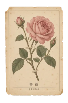 薔薇の植物図案。花と葉を細やかに描いた、古い植物図譜を思わせる紙の図案。