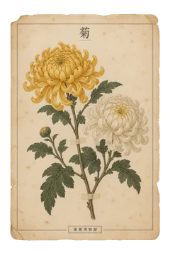 菊の植物図案。花と葉を細やかに描いた、古い植物図譜を思わせる紙の図案。