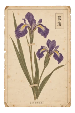 菖蒲の植物図案。花と葉を細やかに描いた、古い植物図譜を思わせる紙の図案。