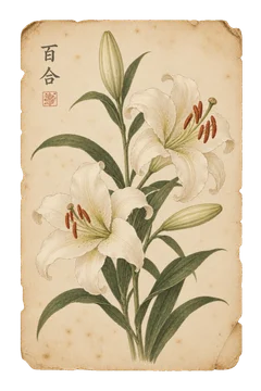 百合の植物図案。花と葉を細やかに描いた、古い植物図譜を思わせる紙の図案。